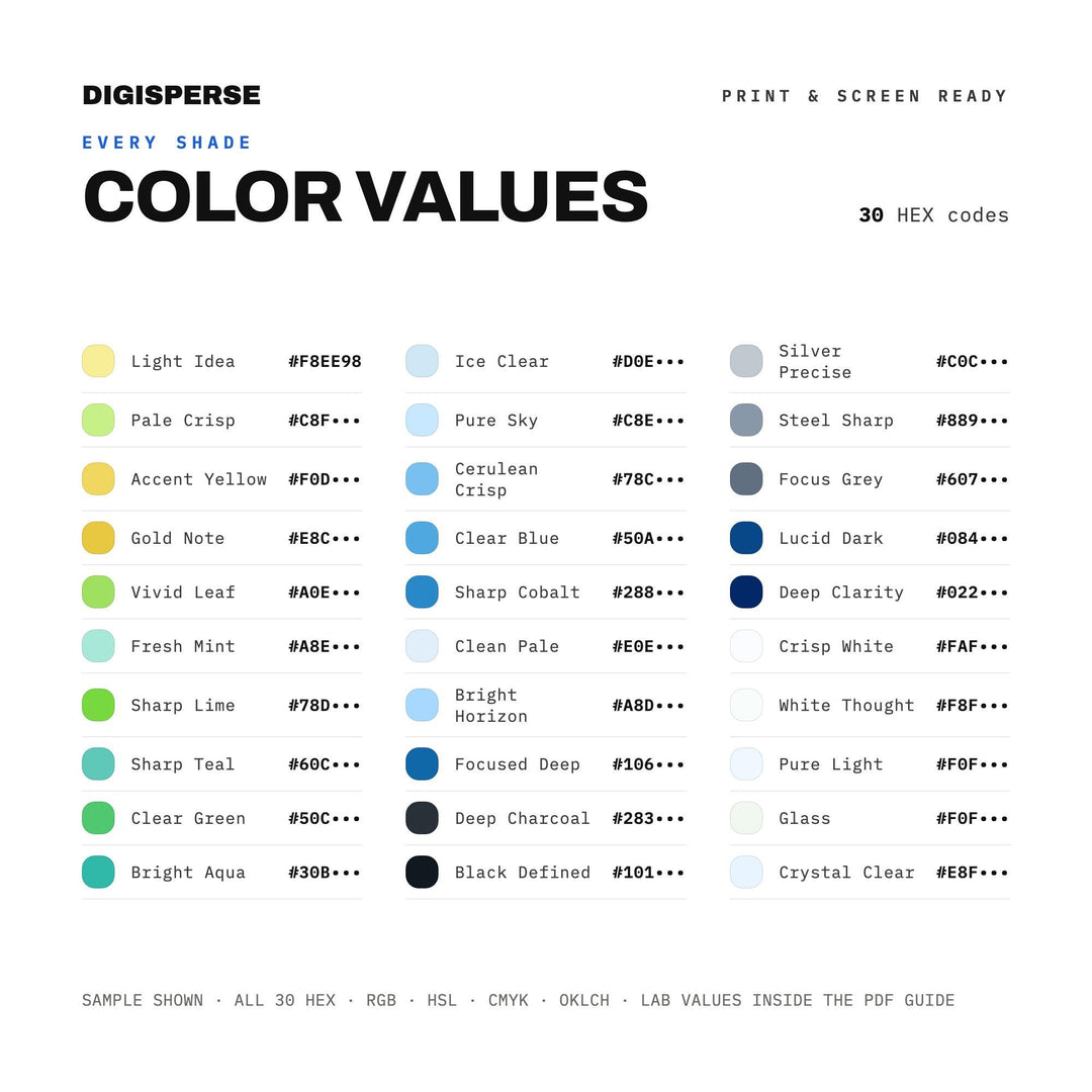 Clean Minimal Color Palette for Calm Wellness Branding and Modern Studio Art, 30 Clarity Fresh Hues, Procreate Swatches, Hex Codes