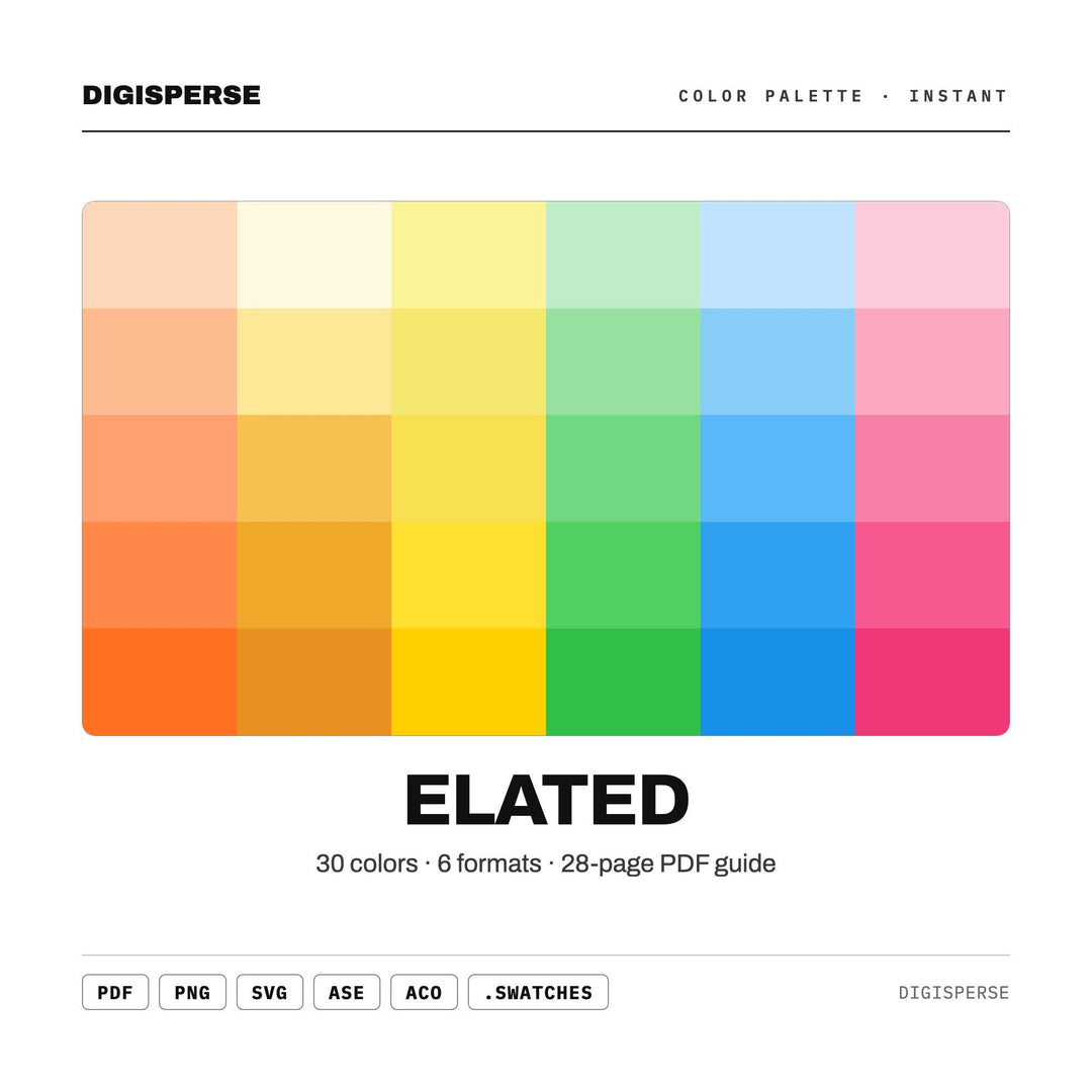 Bright Joyful Color Palette for Uplifting Branding and Cheerful Kids Art, 30 Elated Happy Hues, Procreate Swatches, Hex Codes