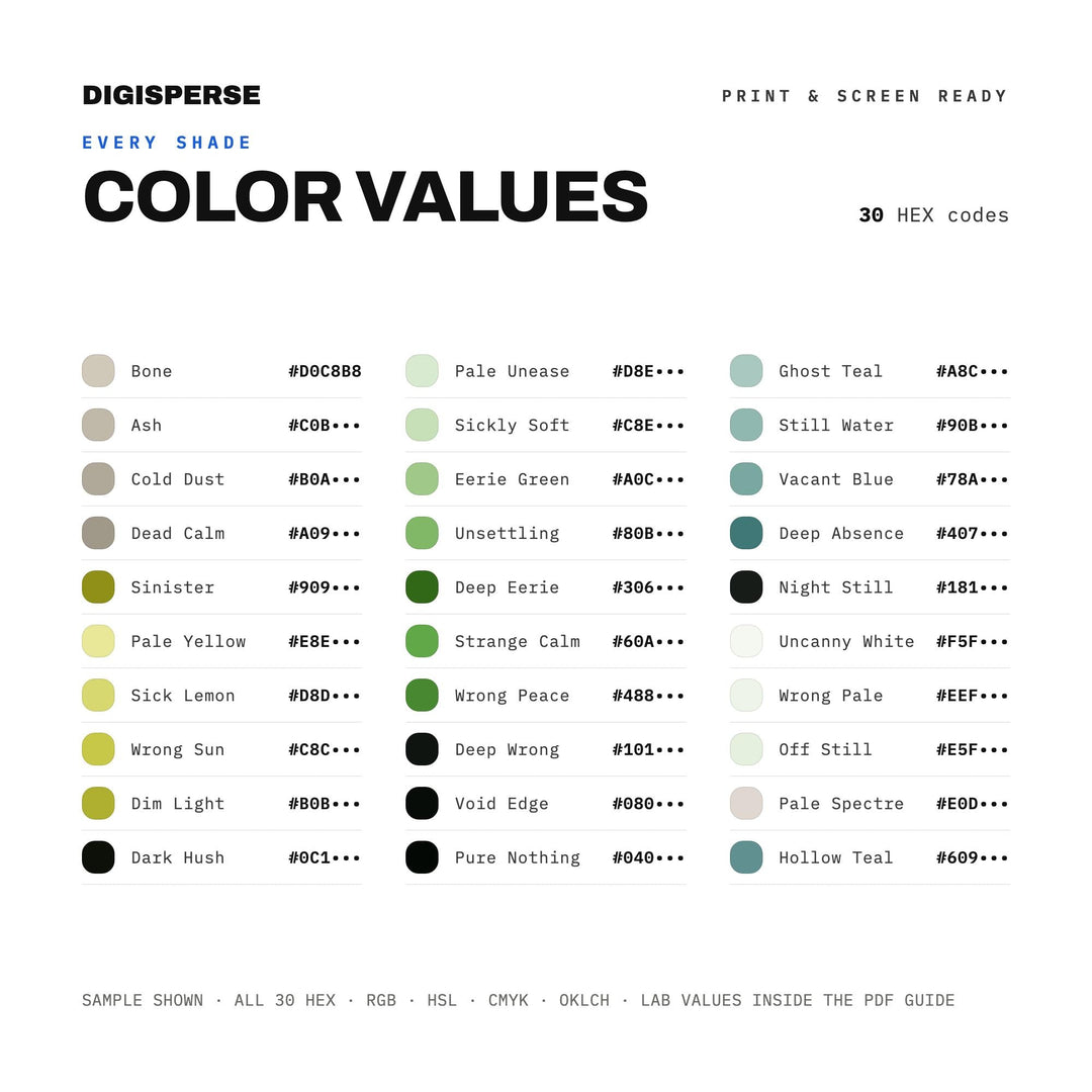 Muted Ghostly Color Palette for Quiet Horror Art and Moody Book Cover Design, 30 Eerie Calm Hues, Procreate Swatches, Hex Codes