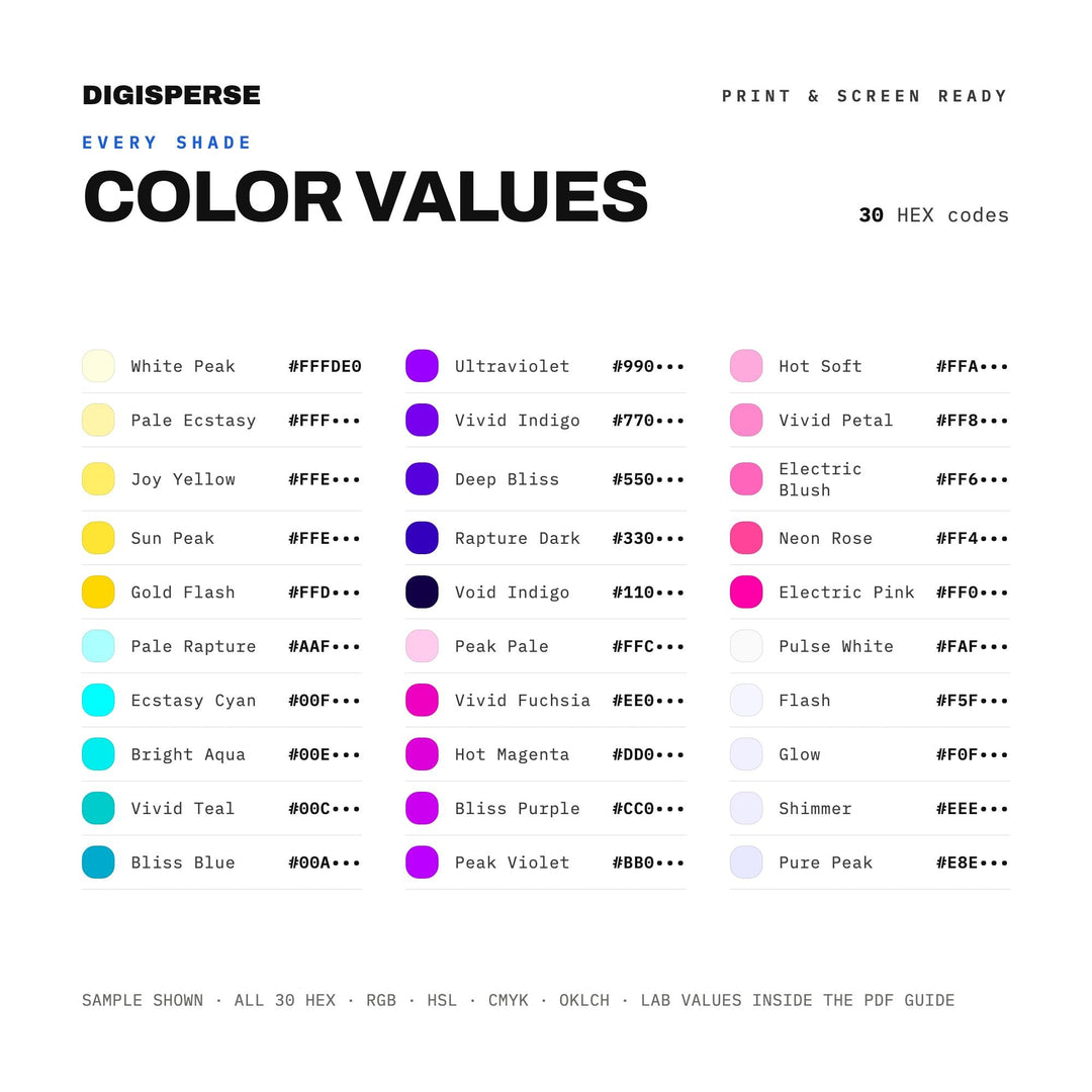 Vibrant Ecstatic Color Palette for Joyful Rave Art and Uplifting Branding, 30 Euphoric Bliss Hues, Procreate Swatches, Hex Codes