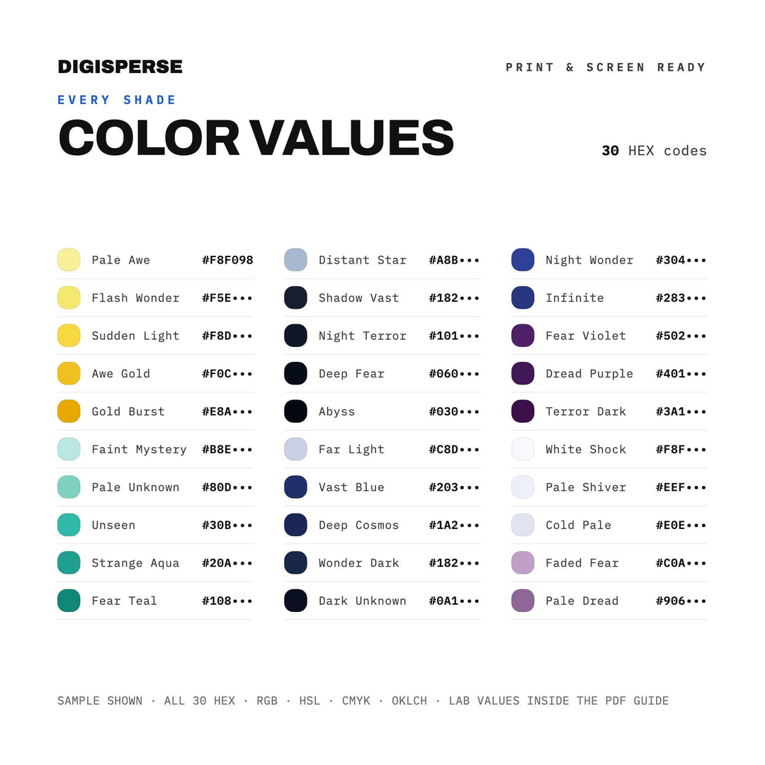 Moody Cinematic Color Palette for Fantasy Film Art and Dramatic Branding, 30 Awe Struck Hues, Procreate Swatches