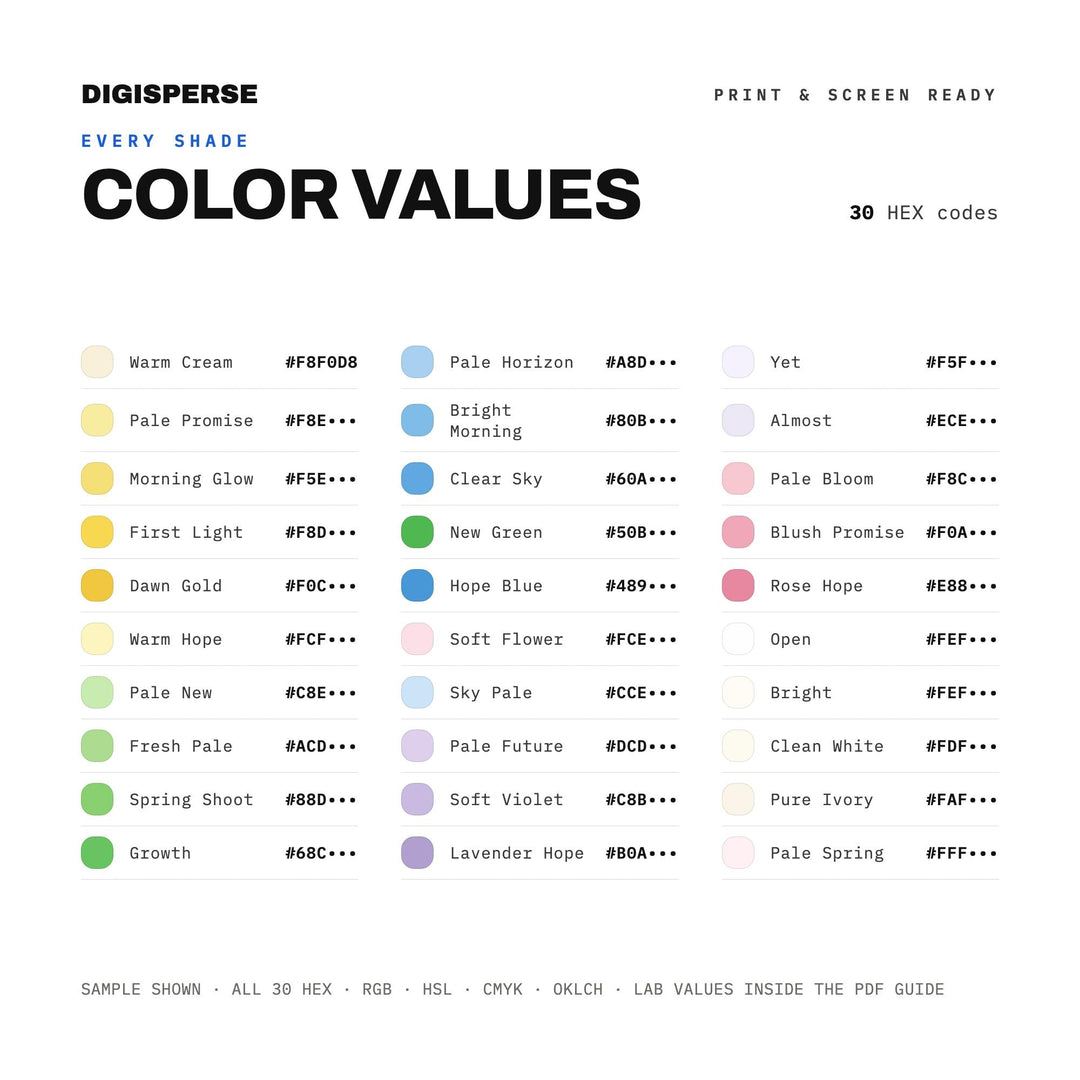 Soft Sunrise Color Palette for Uplifting Optimistic Art and Bright Branding, 30 Hopeful Dawn Hues, Procreate Swatches, Hex Codes