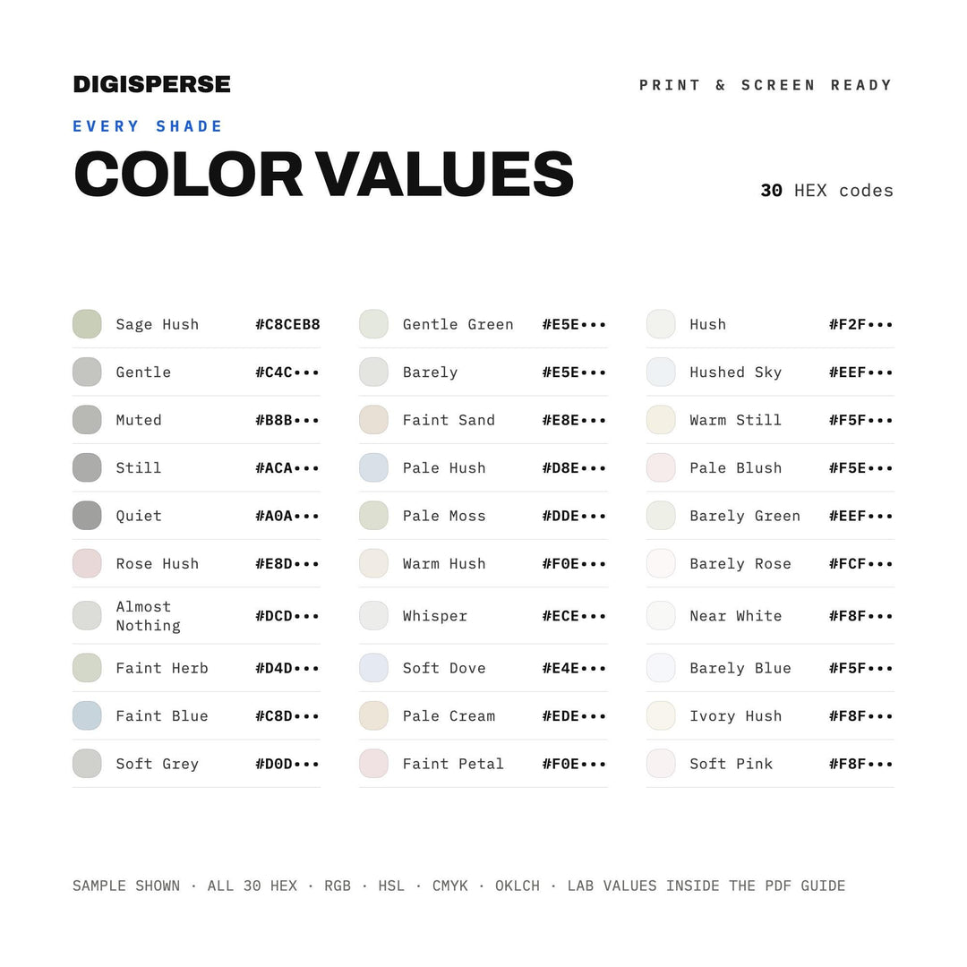 Quiet Muted Color Palette for Calm Minimal Art and Serene Branding, 30 Hushed Whisper Hues, Procreate Swatches, Hex Codes