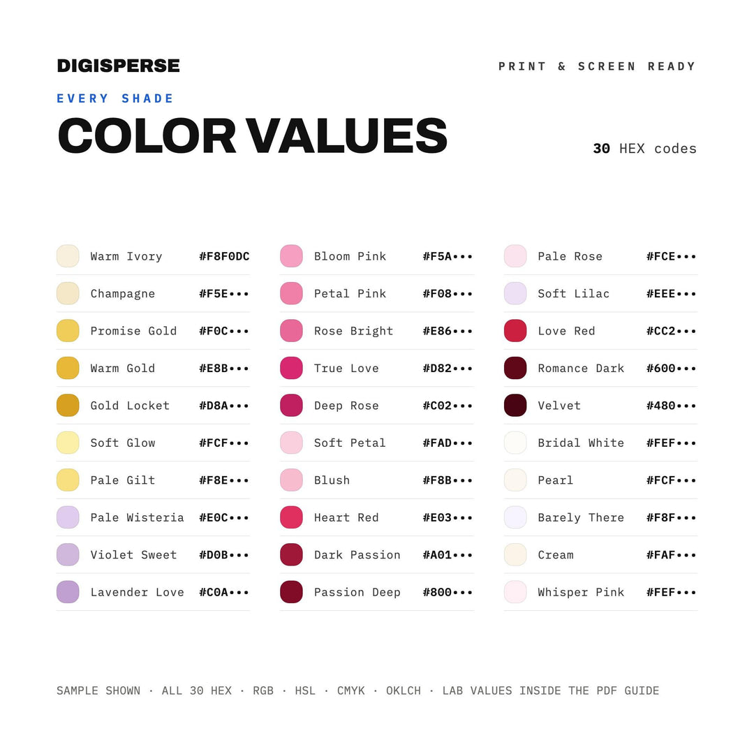 Warm Romantic Color Palette for Valentine Wedding Art and Sweet Branding, 30 In Love Blush Hues, Procreate Swatches, Hex Codes