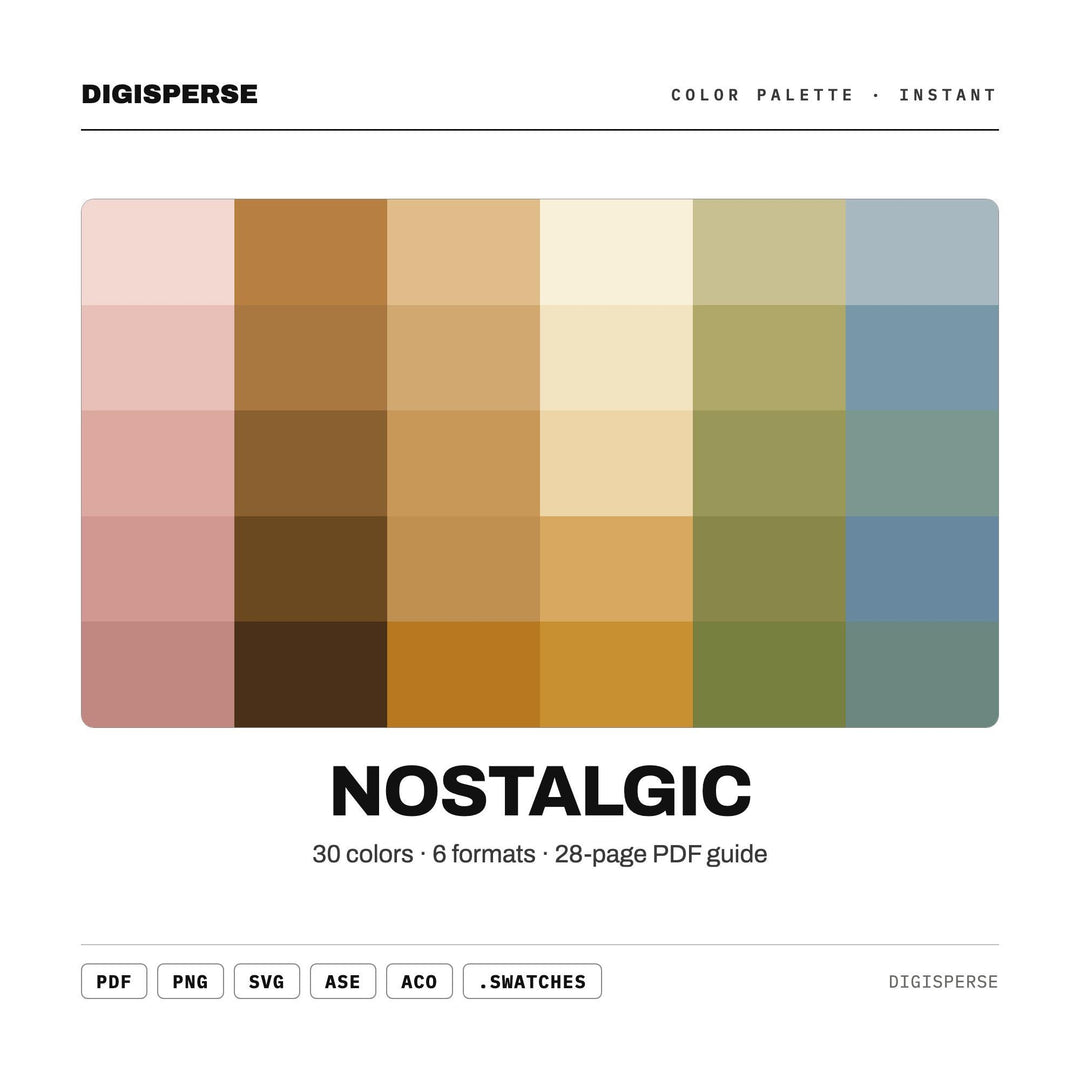 Nostalgic Color Palette | 30 Procreate Swatches, HEX, RGB, CMYK (Digital Download)
