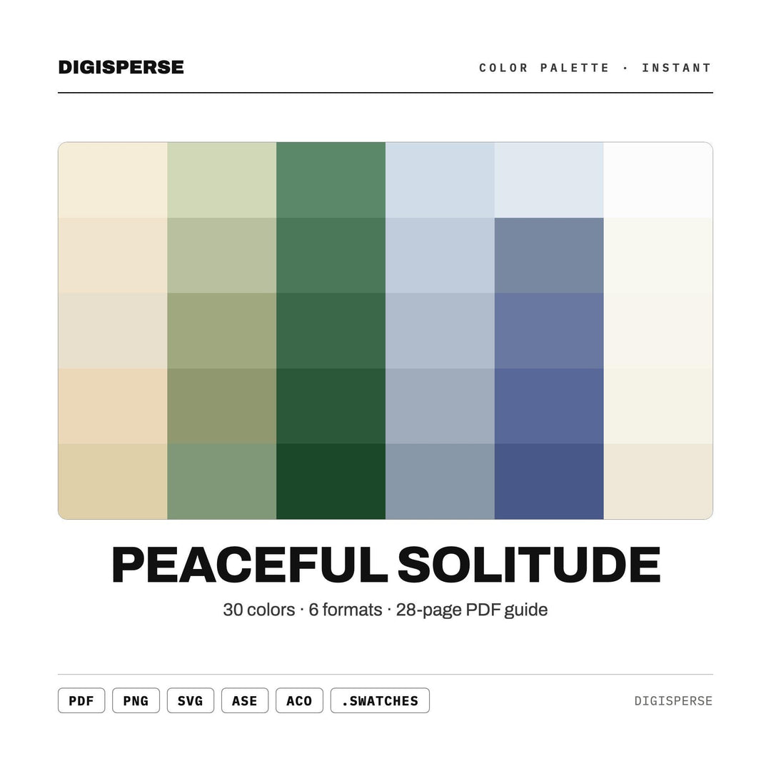 Peaceful Solitude Color Palette | 30 Hex RGB CMYK Swatches (Digital Download)