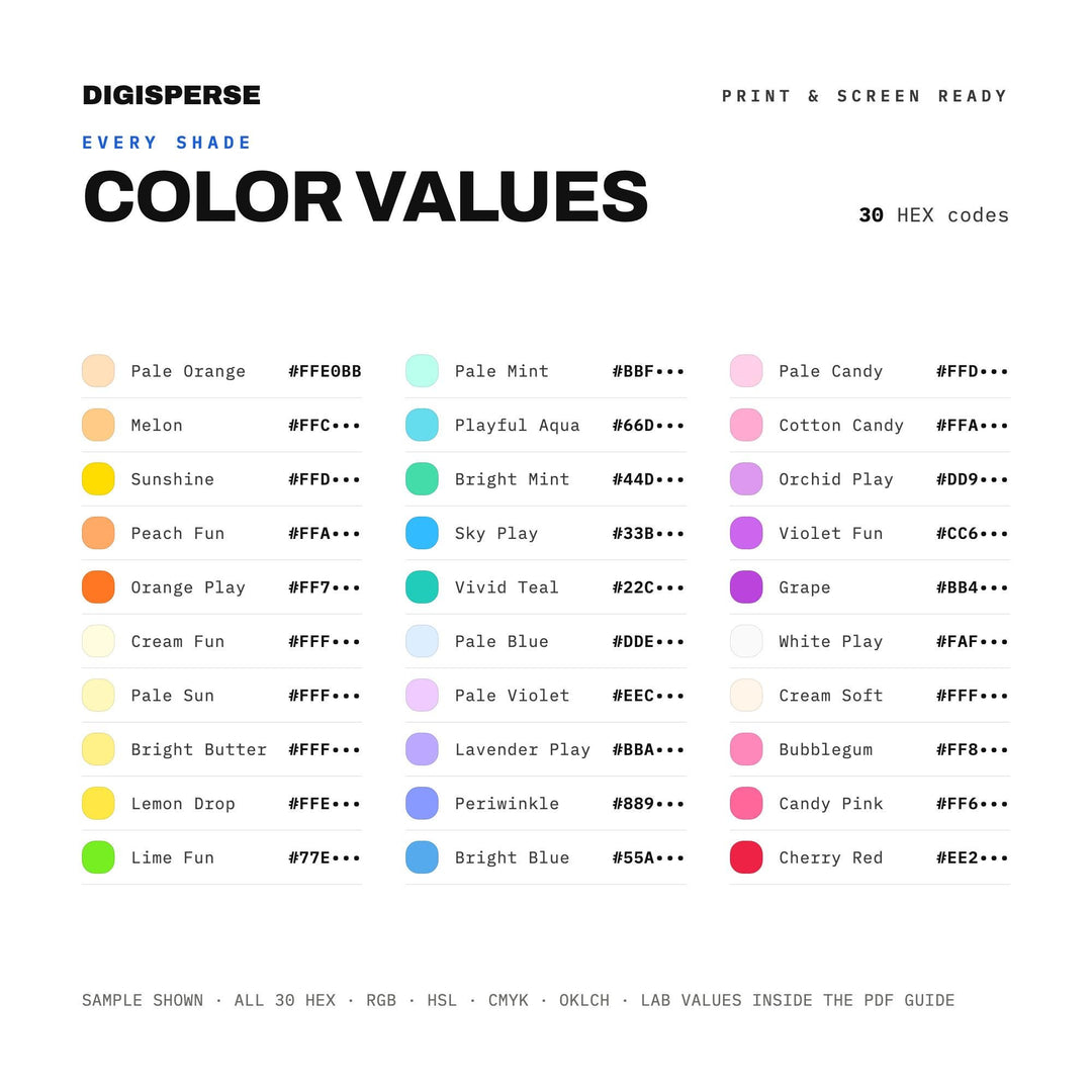 Bright Cheerful Color Palette for Fun Kids Art and Whimsical Nursery Branding, 30 Playful Bouncy Hues, Procreate Swatches, Hex Codes