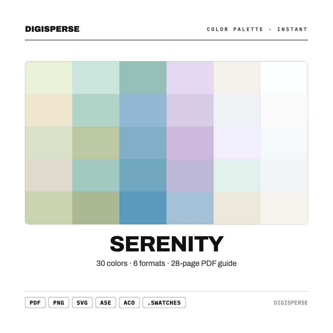 Soft Pastel Color Palette for Calm Wellness Art and Spa Zen Branding, 30 Serene Peaceful Hues, Procreate Swatches, Hex Codes