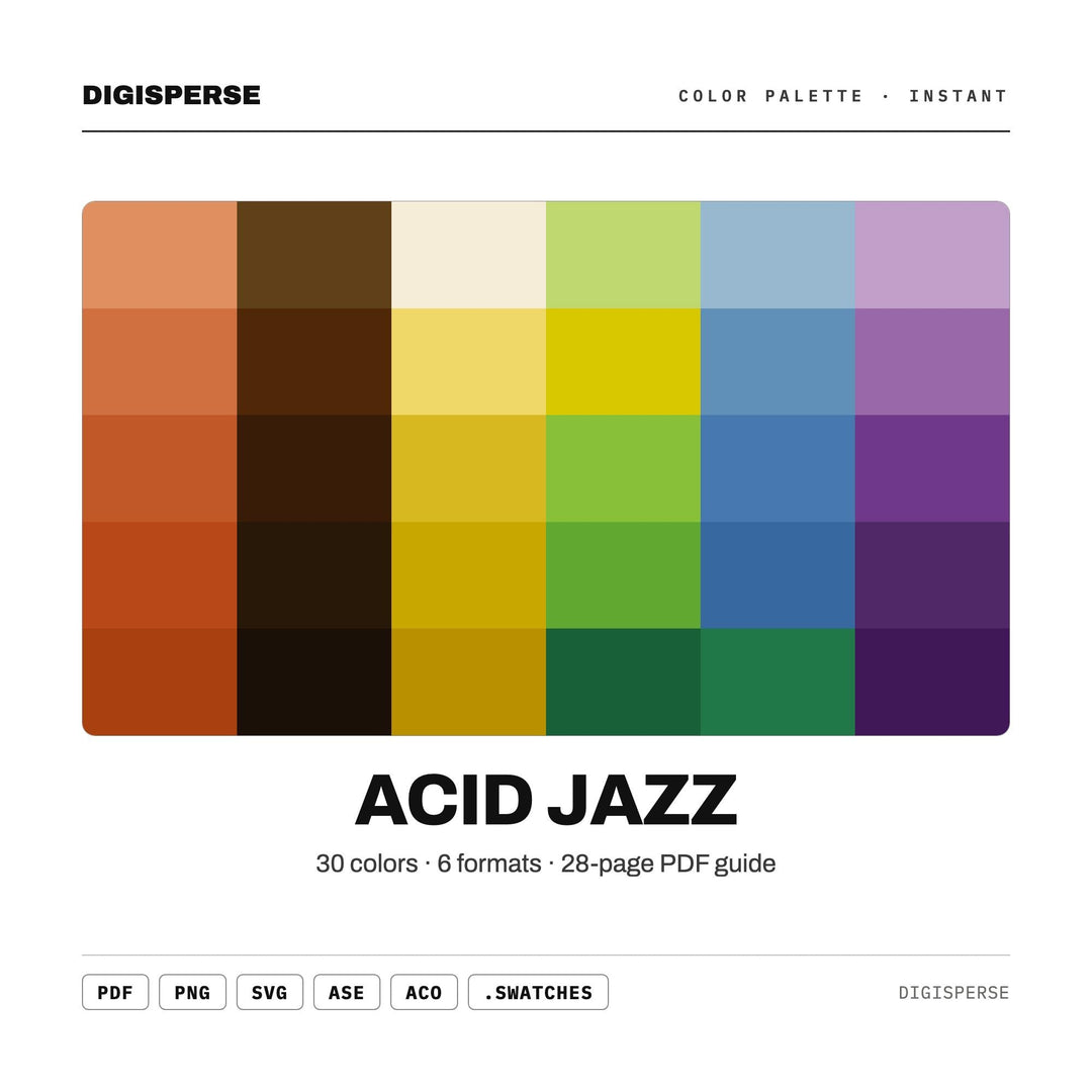 Retro Funk Color Palette for Groovy Poster Art and Music Branding, 30 Vibrant 70s Inspired Hues with Hex Codes, Procreate Swatches