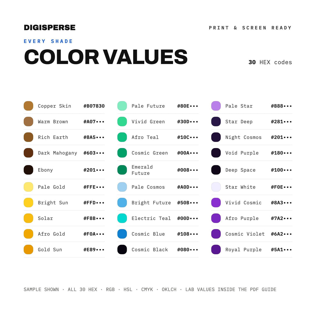 Vibrant Afrofuturism Color Palette for Sci Fi Art and Bold Cultural Branding, 30 Cosmic Heritage Hues, Procreate Swatches, Hex Codes