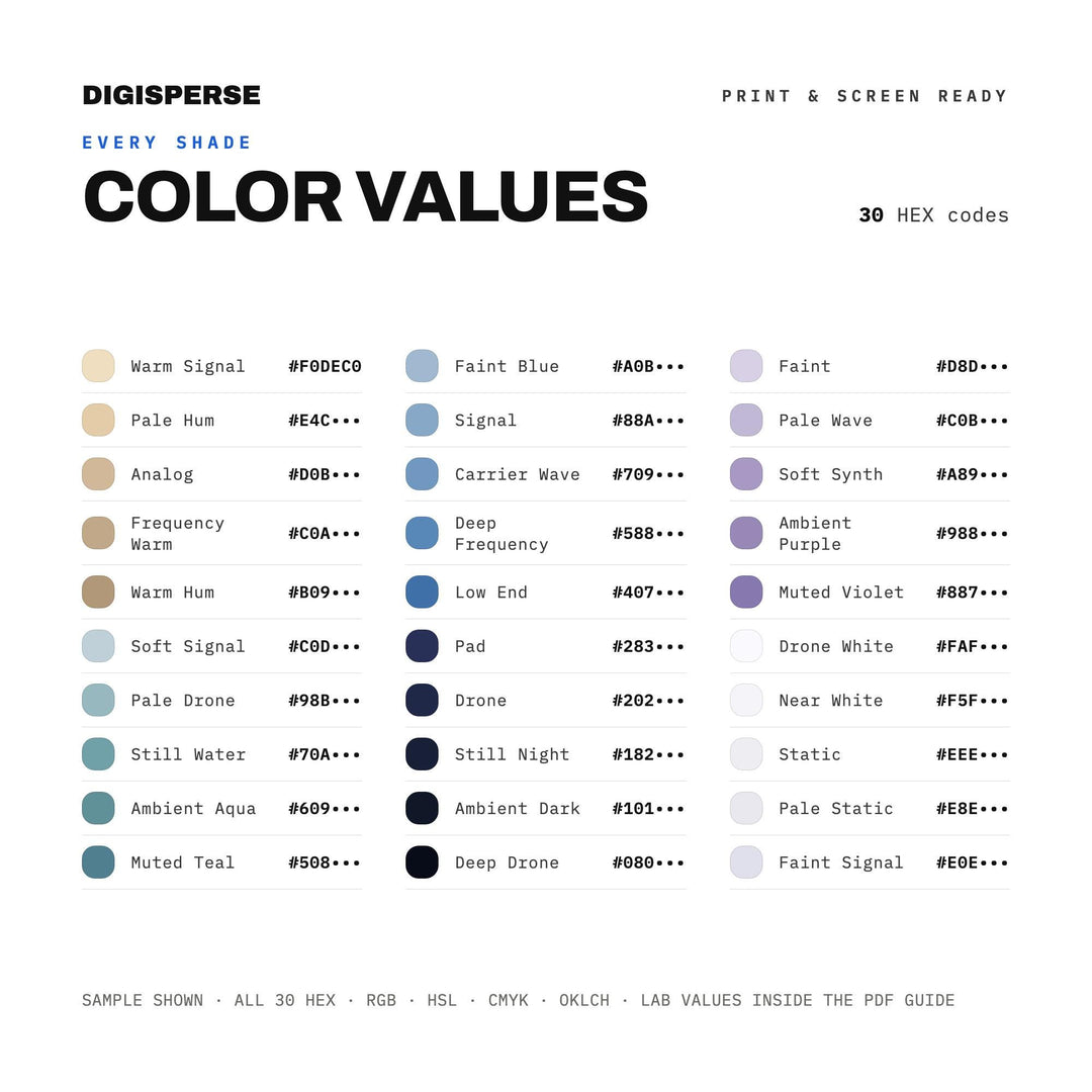 Ambient Electronic Color Palette | 30 Colors | Hex RGB CMYK | Color Guide | Procreate Swatches + ASE | Digital Download