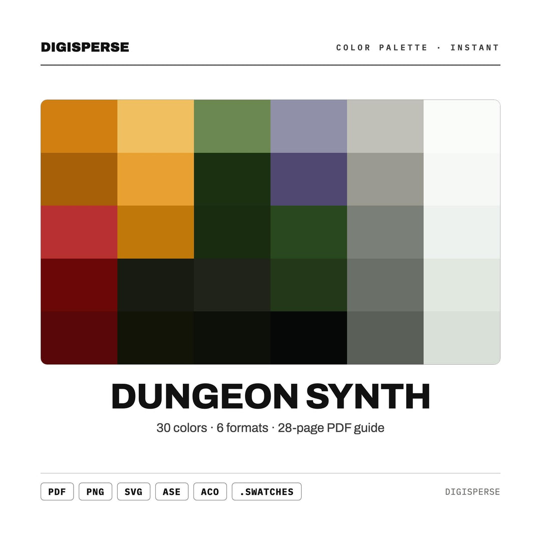 Dark Medieval Color Palette for Fantasy Album Art and Moody Game Design, 30 Dungeon Synth Hues, Procreate Swatches, Hex Codes