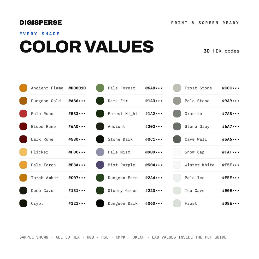 Dark Medieval Color Palette for Fantasy Album Art and Moody Game Design, 30 Dungeon Synth Hues, Procreate Swatches, Hex Codes