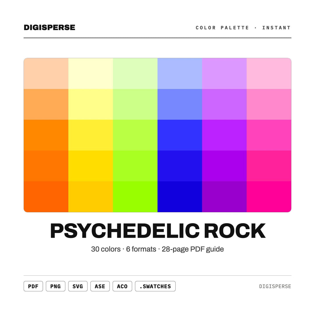 Psychedelic Rock Color Palette | 30 Colors | Hex RGB CMYK | Color Guide | Procreate Swatches + ASE | Digital Download