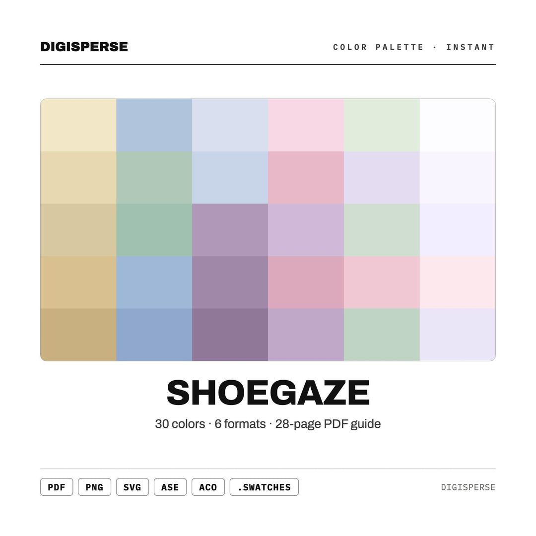 Hazy Dream Color Palette for Indie Album Art and Dreamy Music Branding, 30 Shoegaze Faded Hues, Procreate Swatches, Hex Codes