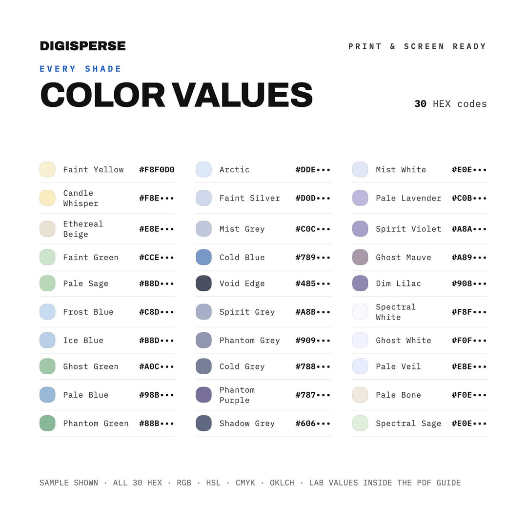 Ghost Light Color Palette | 30 Colors | Hex RGB CMYK | Color Guide | Procreate Swatches + ASE | Digital Download