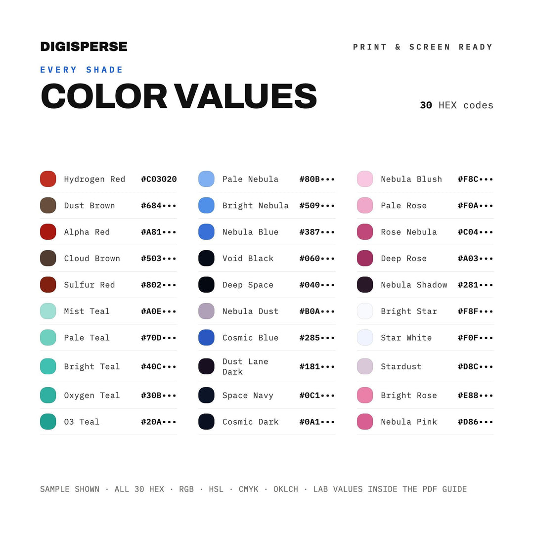 Nebula Dream Color Palette | 30 Cosmic Colors, Procreate, ASE (Digital Download)