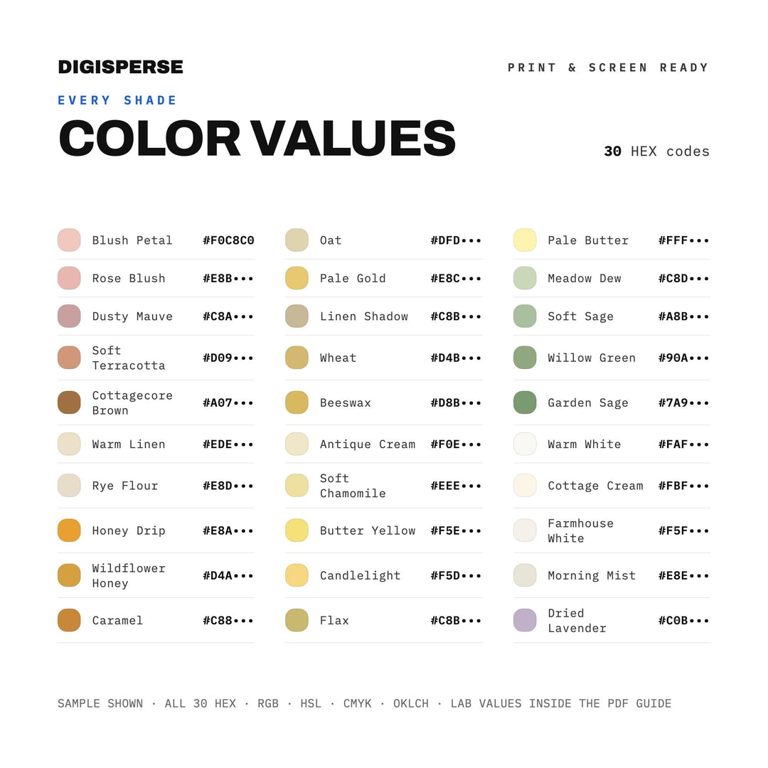 Butter Yellow Linen Color Palette | 30 Colors | Hex RGB CMYK | Procreate Swatches + ASE | Digital Download