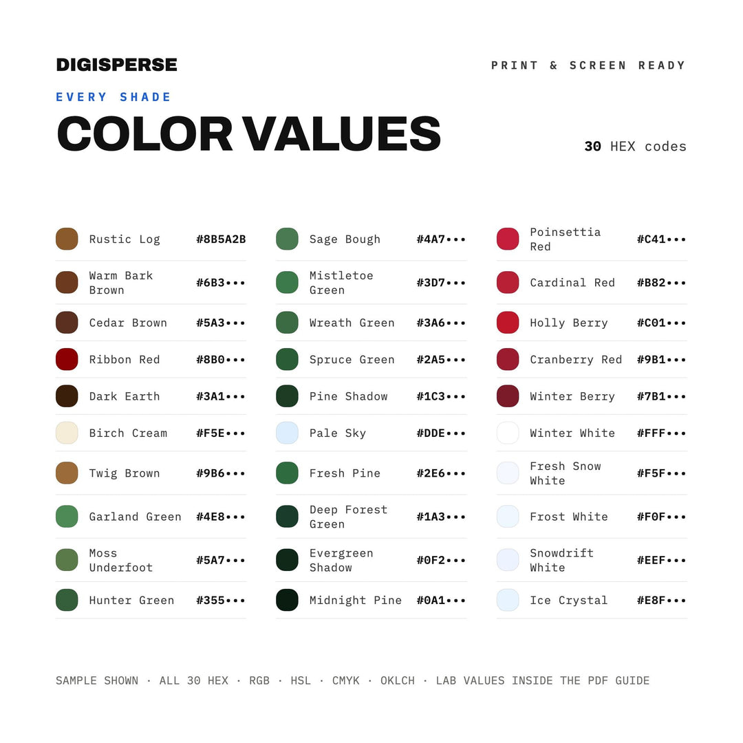 Christmas Tree Farm Color Palette | 30 Colors | Hex RGB CMYK | Procreate Swatches + ASE | Digital Download