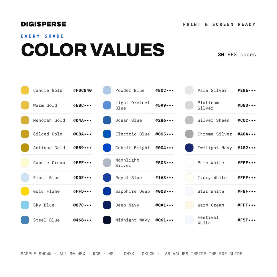 Hanukkah Color Palette | 30 Colors | Hex RGB CMYK | Procreate Swatches + ASE | Digital Download