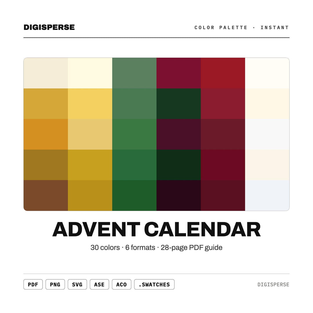 Advent Calendar Color Palette | 30 Colors | Hex RGB CMYK | Procreate Swatches + ASE | Digital Download