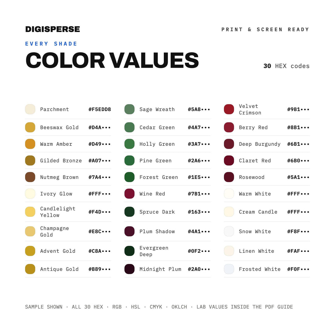 Advent Calendar Color Palette | 30 Colors | Hex RGB CMYK | Procreate Swatches + ASE | Digital Download