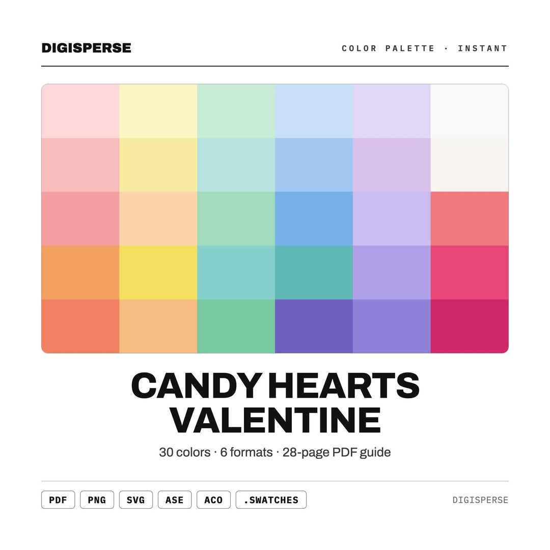 Sweet Pastel Color Palette for Valentine Candy Art and Romantic Branding, 30 Candy Heart Hues, Procreate Swatches