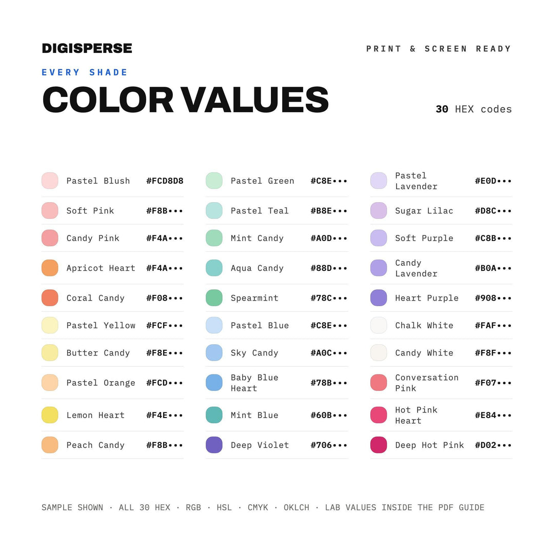 Sweet Pastel Color Palette for Valentine Candy Art and Romantic Branding, 30 Candy Heart Hues, Procreate Swatches