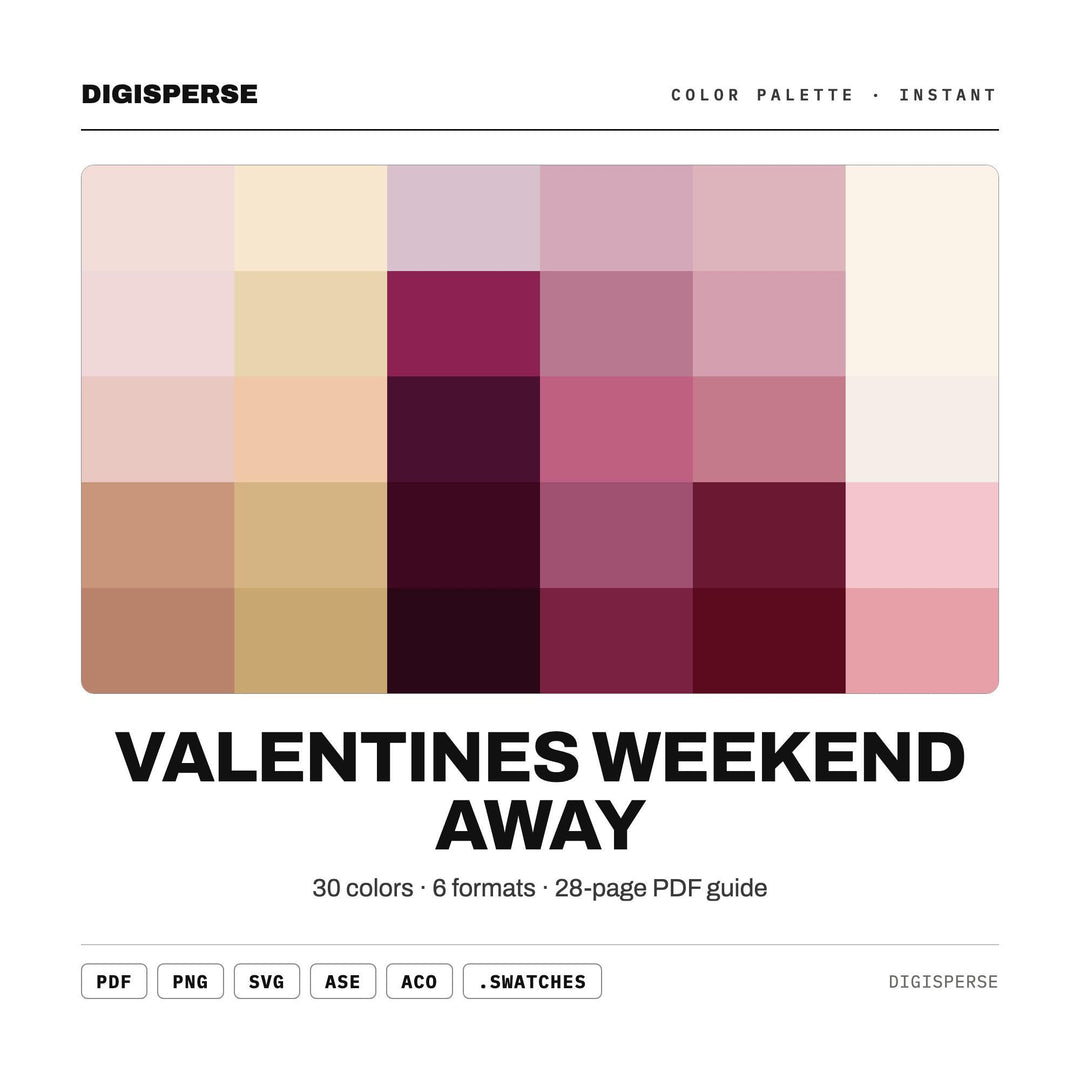 Romantic Blush Color Palette for Couples Getaway Art and Valentine Branding, 30 Weekend Away Hues, Procreate Swatches