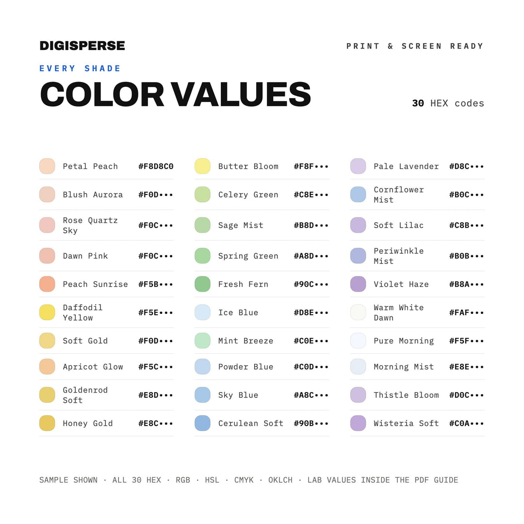 Fresh Sunrise Color Palette for Spring Renewal Art and Airy Nature Branding, 30 Equinox Dawn Pastel Hues, Procreate Swatches