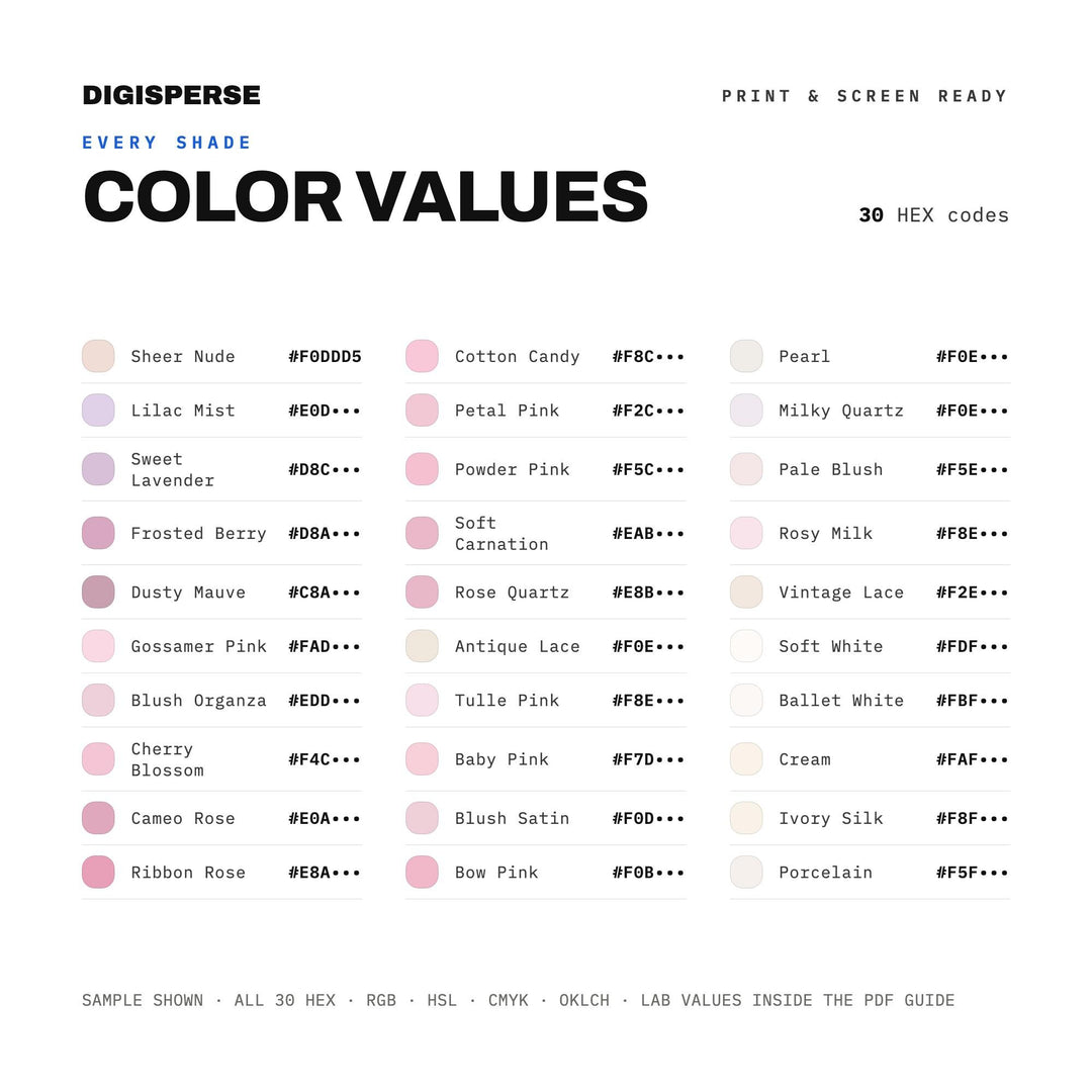 Coquette Bow Pink Color Palette | 30 Colors | Hex RGB CMYK | Procreate Swatches + ASE | Digital Download