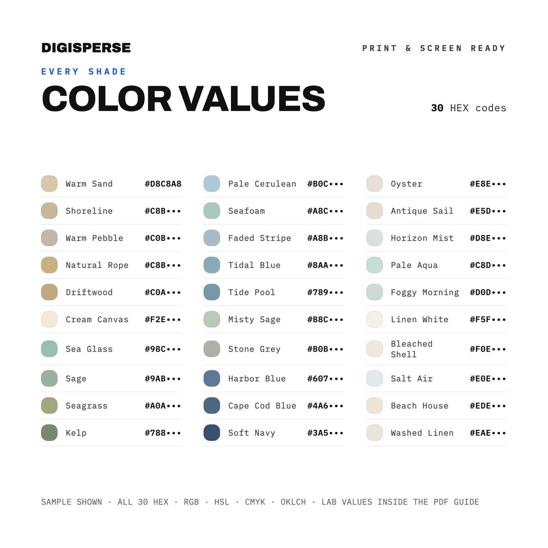 Coastal Grandmother Color Palette | 30 Colors | Hex RGB CMYK | Procreate Swatches + ASE | Digital Download
