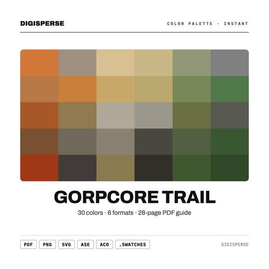 Palette de couleurs Gorpcore Trail | 30 couleurs | Hex RVB CMJN | Nuanciers Procreate + ASE | Téléchargement numérique