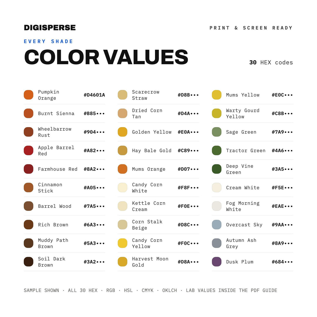 Pumpkin Patch Weekend Color Palette | 30 Autumn Hues, Procreate Swatches (Digital Download)