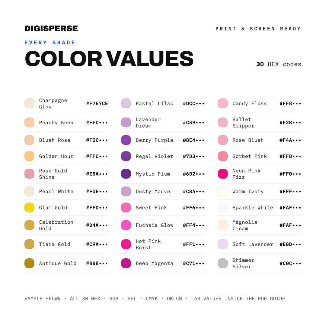Glam Pink Color Palette for Teen Birthday Art and Celebration Branding, 30 Sweet Sixteen Hues, Procreate Swatches