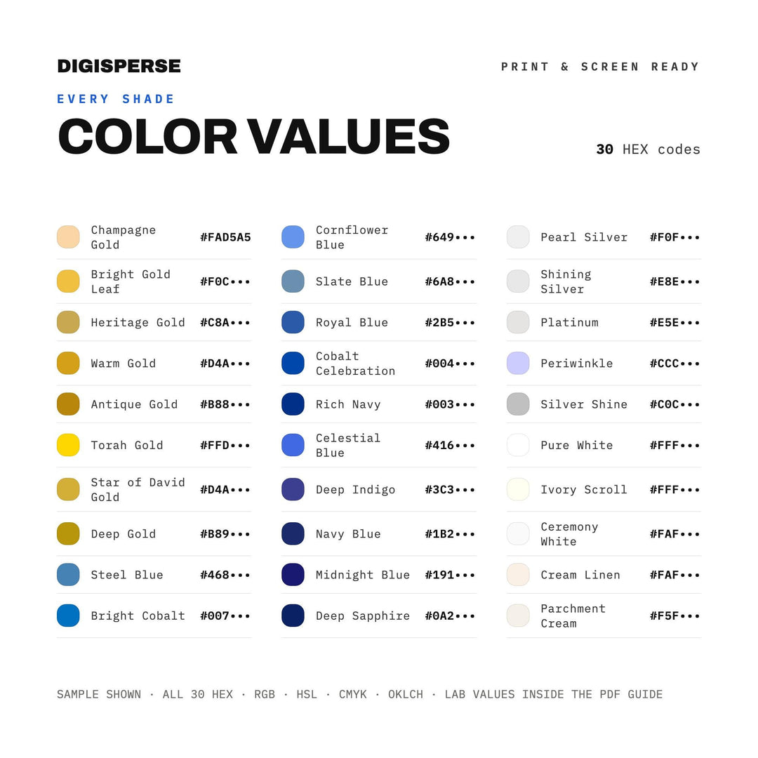 Elegant Blue Gold Color Palette for Bar Mitzvah Art and Jewish Celebration Branding, 30 Festive Party Hues, Procreate Swatches