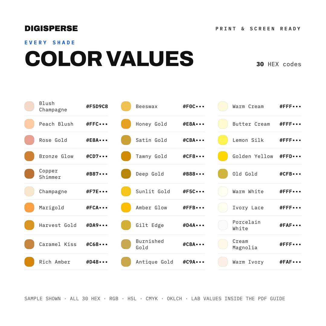 Radiant Gold Color Palette for 50th Anniversary Art and Celebration Branding, 30 Golden Wedding Hues, Procreate Swatches
