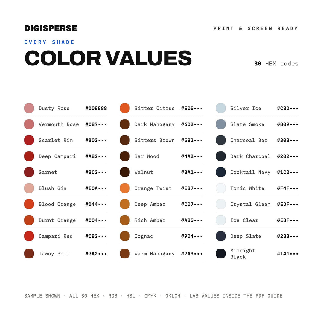 Negroni Night Color Palette | 30 Colors | Hex RGB CMYK | Procreate Swatches + ASE | Digital Download