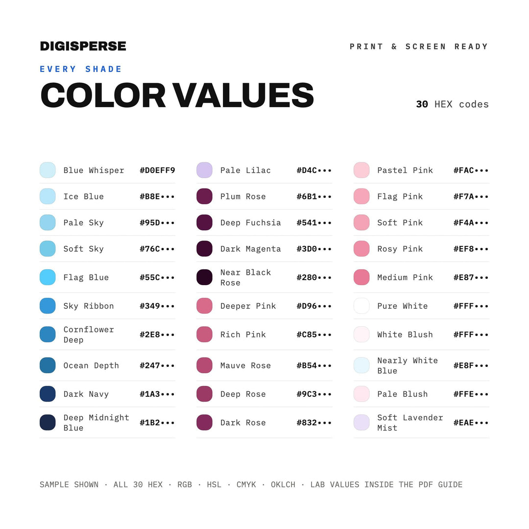 Trans Pride Color Palette | 30 Colors | Hex RGB CMYK | Procreate Swatches + ASE | Digital Download