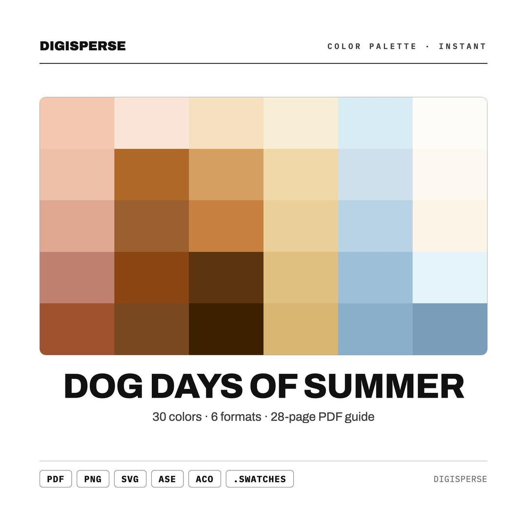 Dog Days of Summer Color Palette | 30 Colors | Hex RGB CMYK | Procreate Swatches + ASE | Digital Download