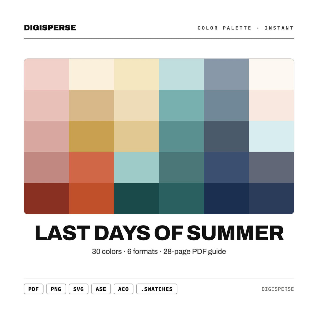 Warm Golden Color Palette for Late Summer Art and Nostalgic Sunset Branding, 30 Fading Light Hues, Procreate Swatches