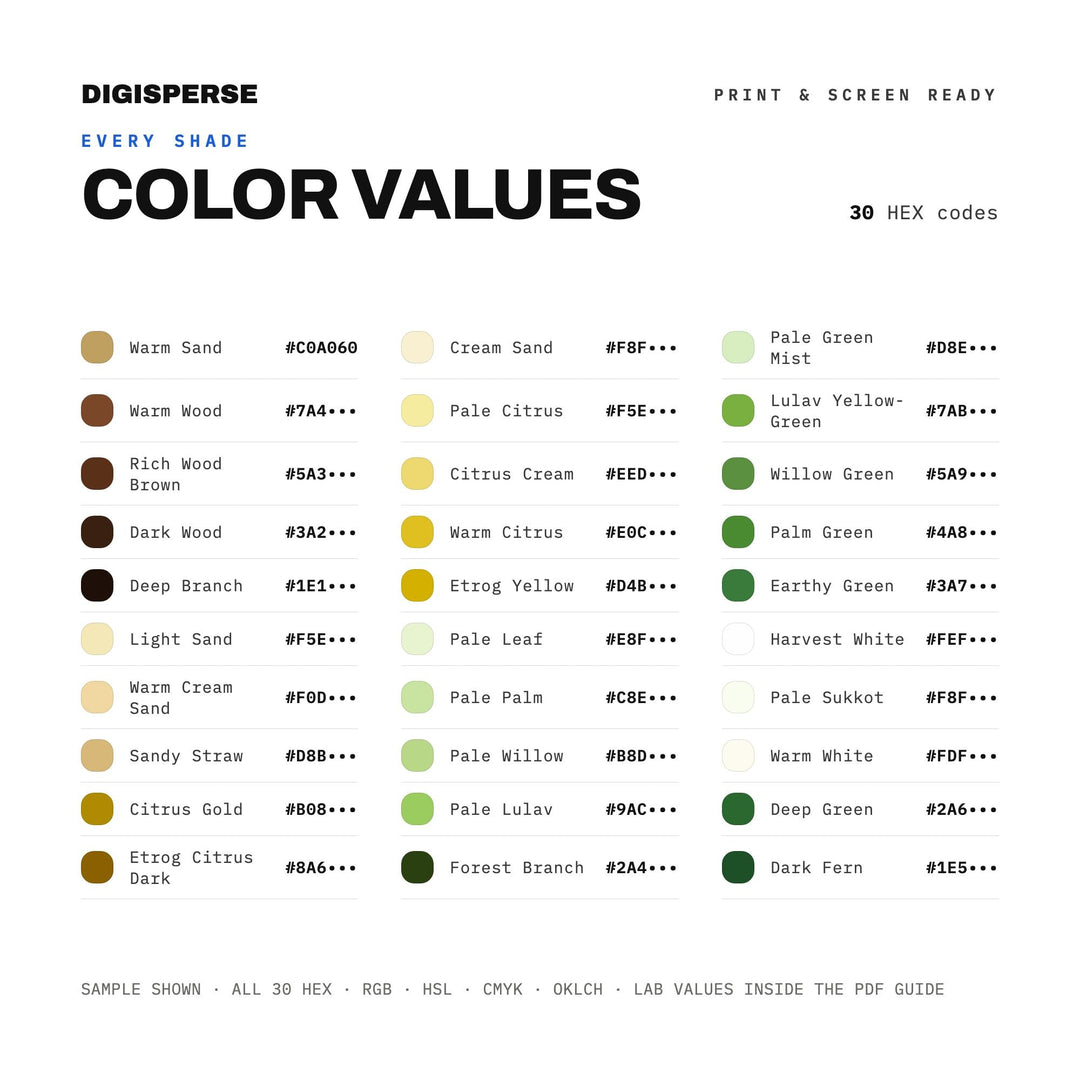 Sukkot Harvest Color Palette | 30 Colors | Hex RGB CMYK | Procreate Swatches + ASE | Digital Download