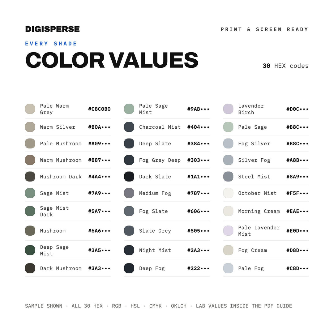 Muted Grey Color Palette for Autumn Fog Art and Moody Halloween Branding, 30 October Mist Hues, Procreate Swatches