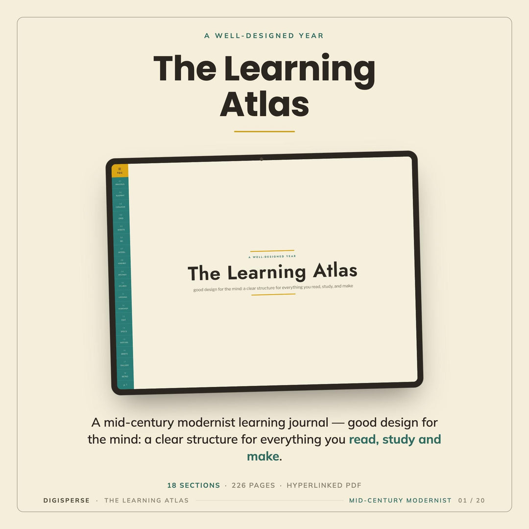 Mid-Century Modern Learning Journal | GoodNotes Study Planner PDF | Cornell Notes, Spaced Repetition, Reading Log | 5 Dated Formats