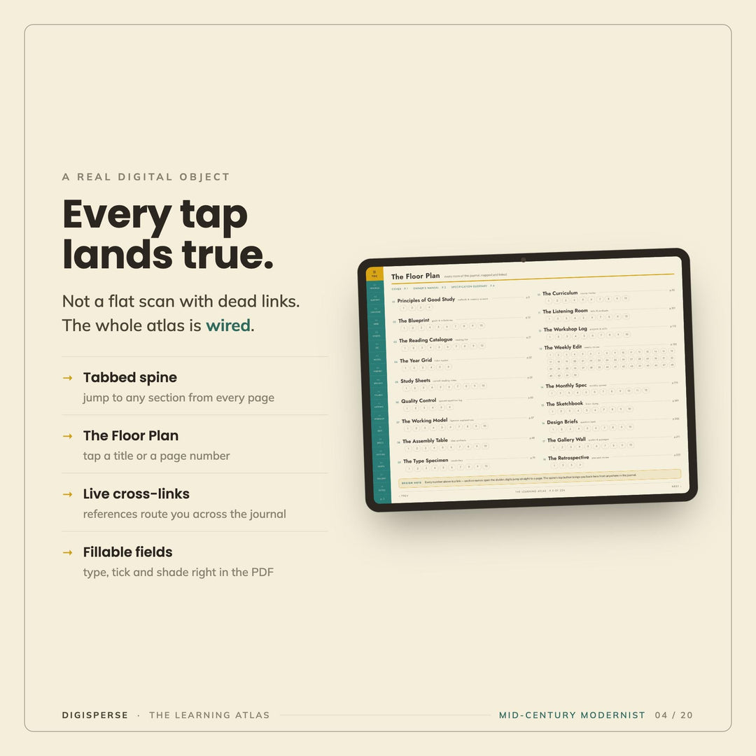 Mid-Century Modern Learning Journal | GoodNotes Study Planner PDF | Cornell Notes, Spaced Repetition, Reading Log | 5 Dated Formats