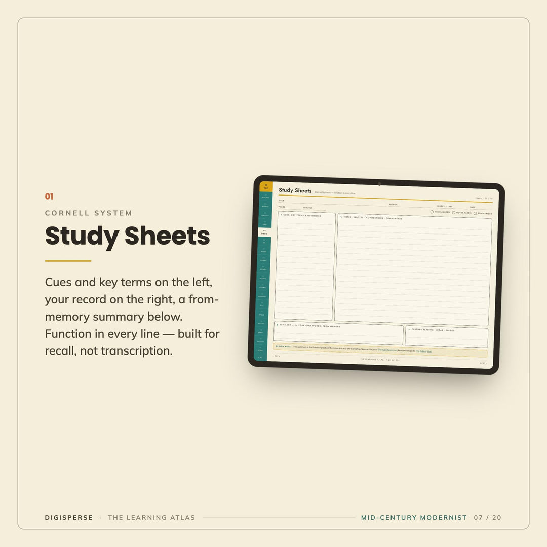 Mid-Century Modern Learning Journal | GoodNotes Study Planner PDF | Cornell Notes, Spaced Repetition, Reading Log | 5 Dated Formats