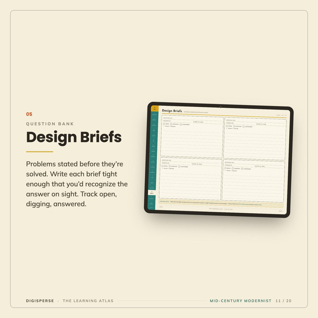 Mid-Century Modern Learning Journal | GoodNotes Study Planner PDF | Cornell Notes, Spaced Repetition, Reading Log | 5 Dated Formats
