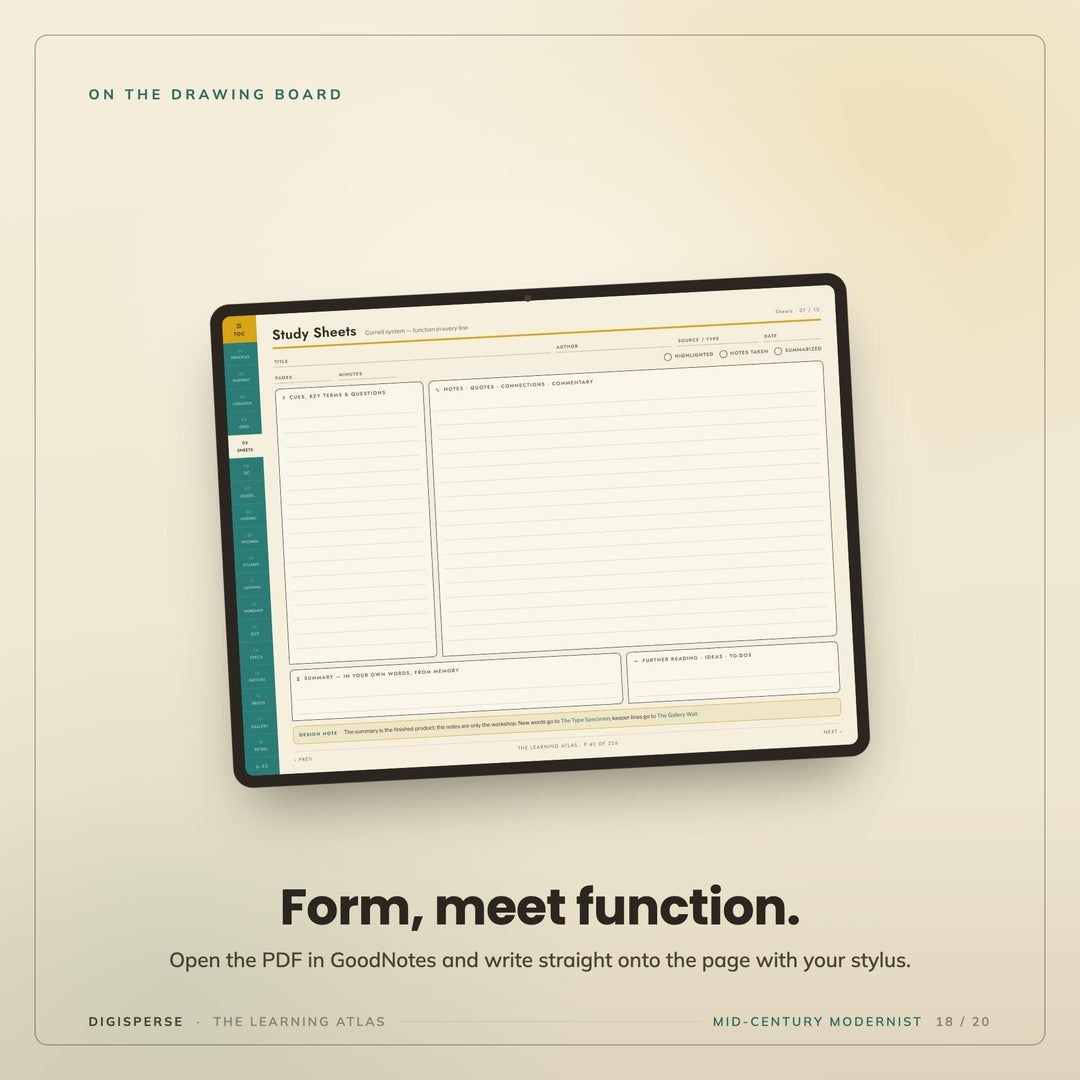 Mid-Century Modern Learning Journal | GoodNotes Study Planner PDF | Cornell Notes, Spaced Repetition, Reading Log | 5 Dated Formats