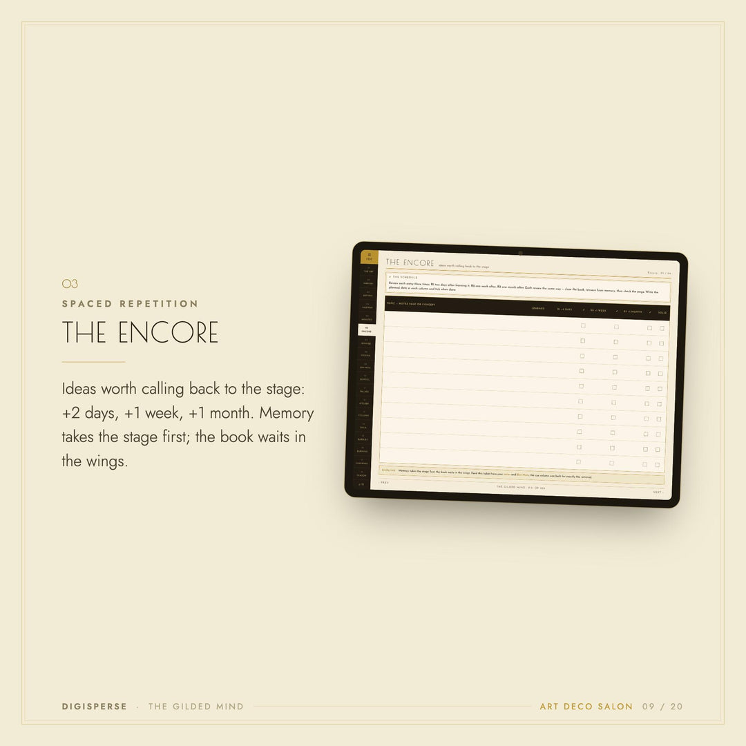 Dated Art Deco Learning Journal | Cornell Notes, Spaced Repetition, Reading Log (Digital Download)