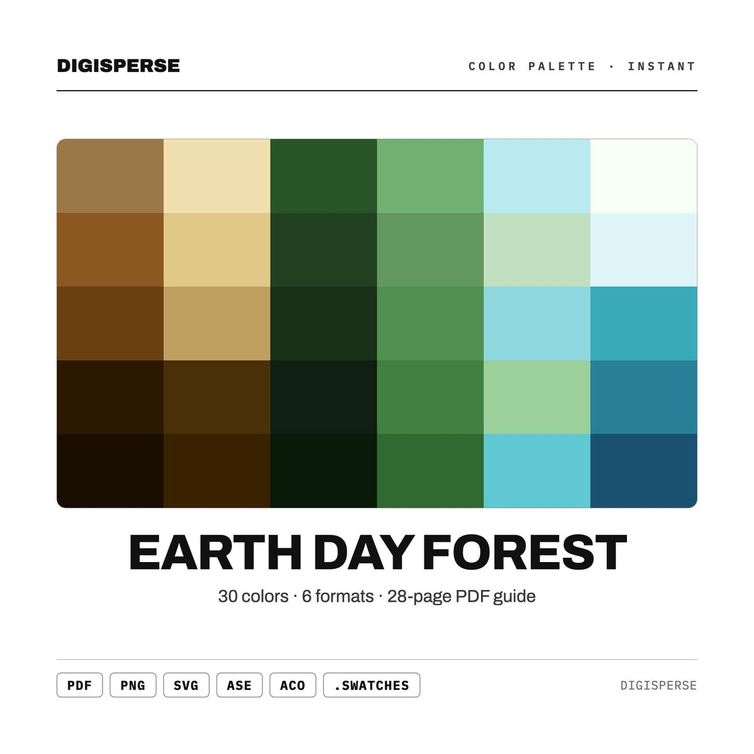 Lush Green Color Palette for Earth Day Nature Art and Eco Branding, 30 Forest Canopy Hues, Procreate Swatches